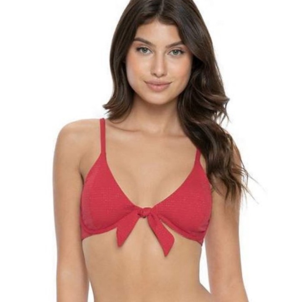 NWT PQ SWIM Crimson Shimmer Ava Bow Halter Bikini Top - Large